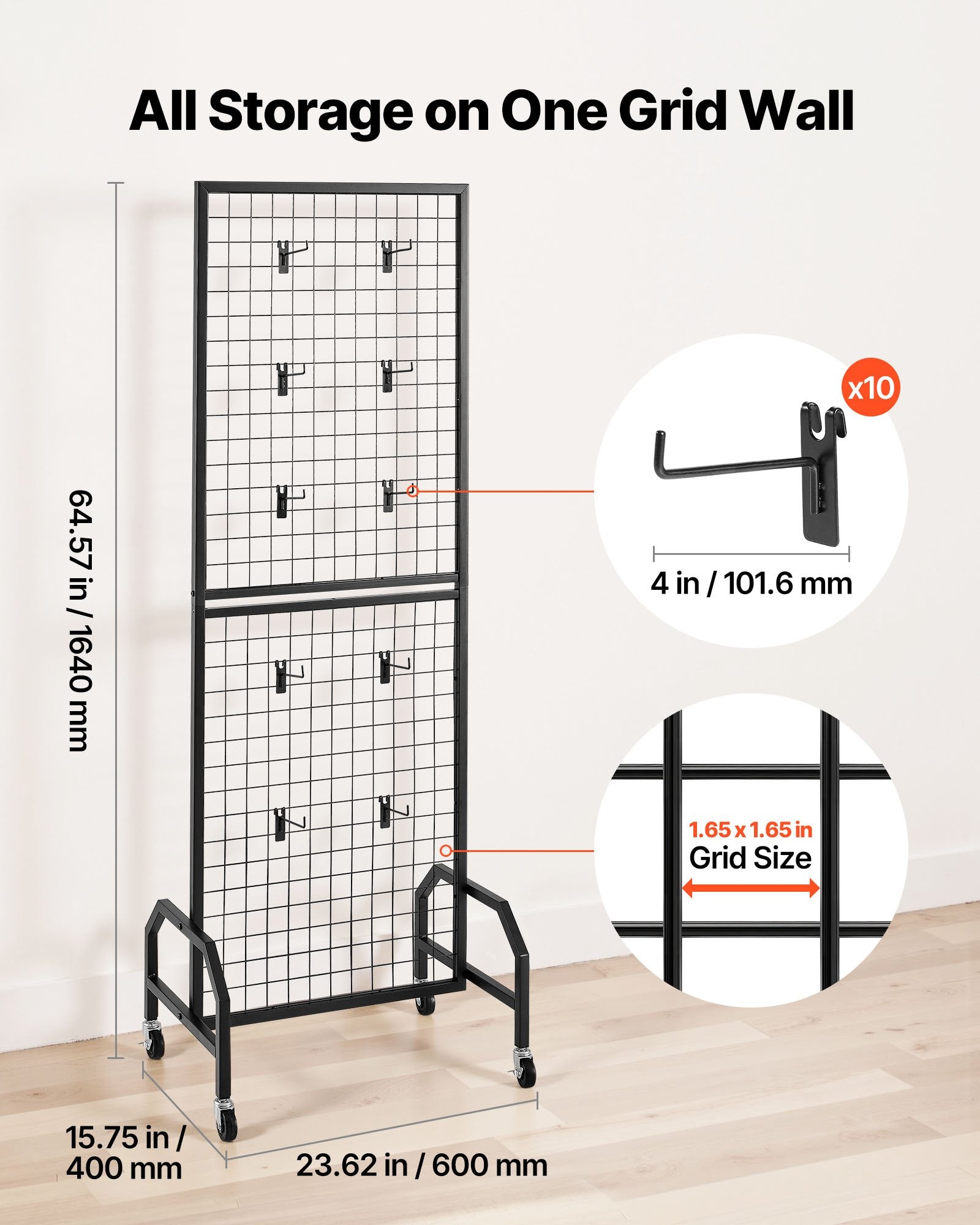 Grid Wall Panel, 600 x 1640 mm Wire Grid Panels Display Rack, Movable Art Display Shelf with Wheels and 10 Hooks, Black Carbon Steel Gridwall for Craft Show, Decoration, Storage, Notice Board - Image 2