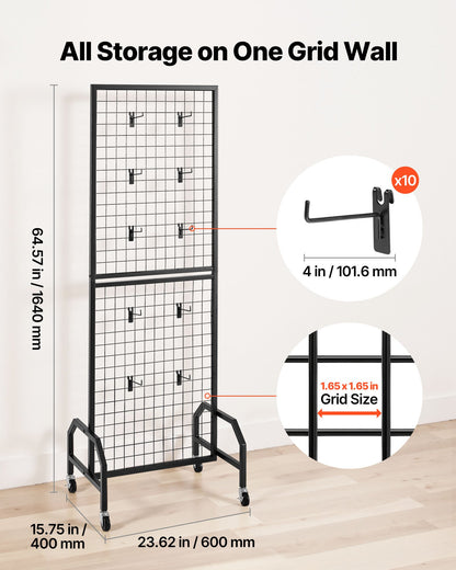 Grid Wall Panel, 600 x 1640 mm Wire Grid Panels Display Rack, Movable Art Display Shelf with Wheels and 10 Hooks, Black Carbon Steel Gridwall for Craft Show, Decoration, Storage, Notice Board - Image 2