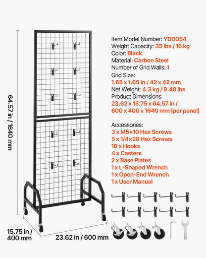 Grid Wall Panel, 600 x 1640 mm Wire Grid Panels Display Rack, Movable Art Display Shelf with Wheels and 10 Hooks, Black Carbon Steel Gridwall for Craft Show, Decoration, Storage, Notice Board - Image 7