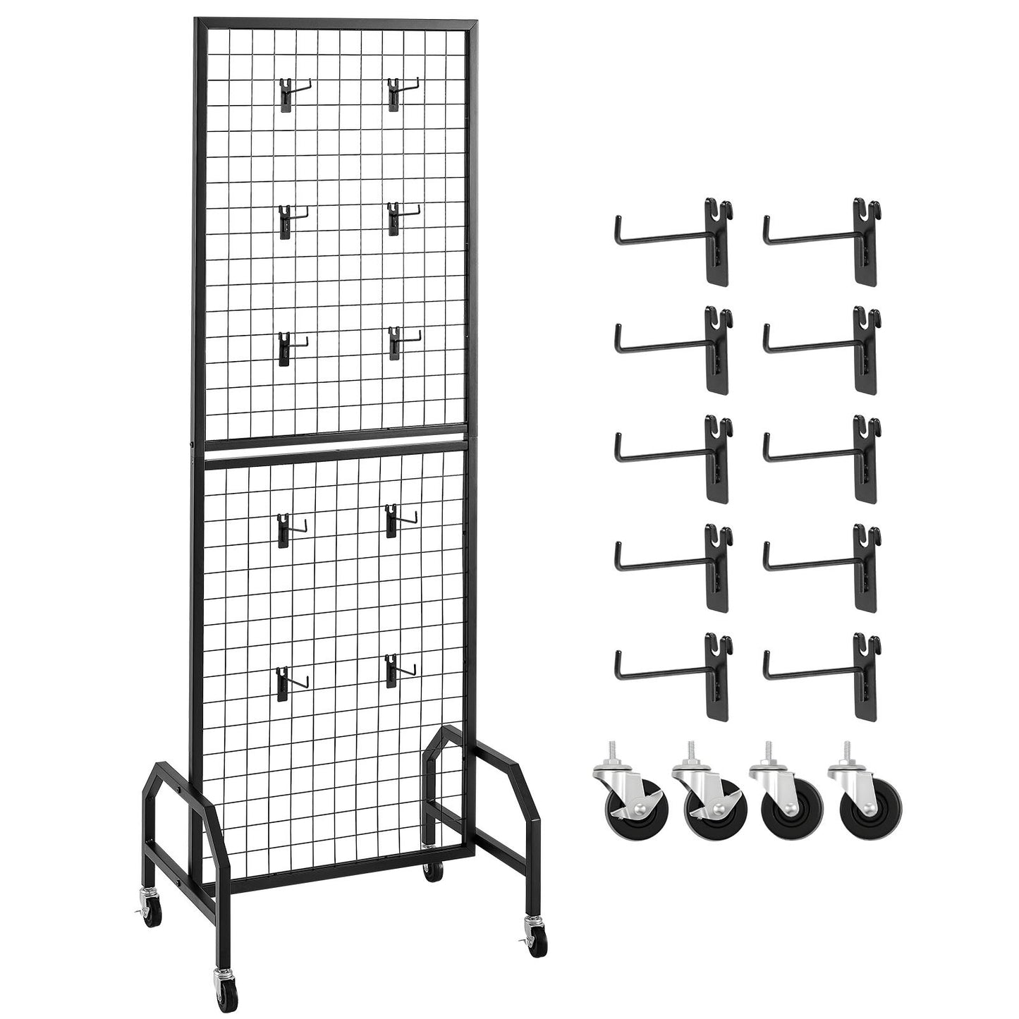 Grid Wall Panel, 600 x 1640 mm Wire Grid Panels Display Rack, Movable Art Display Shelf with Wheels and 10 Hooks, Black Carbon Steel Gridwall for Craft Show, Decoration, Storage, Notice Board - Image 9