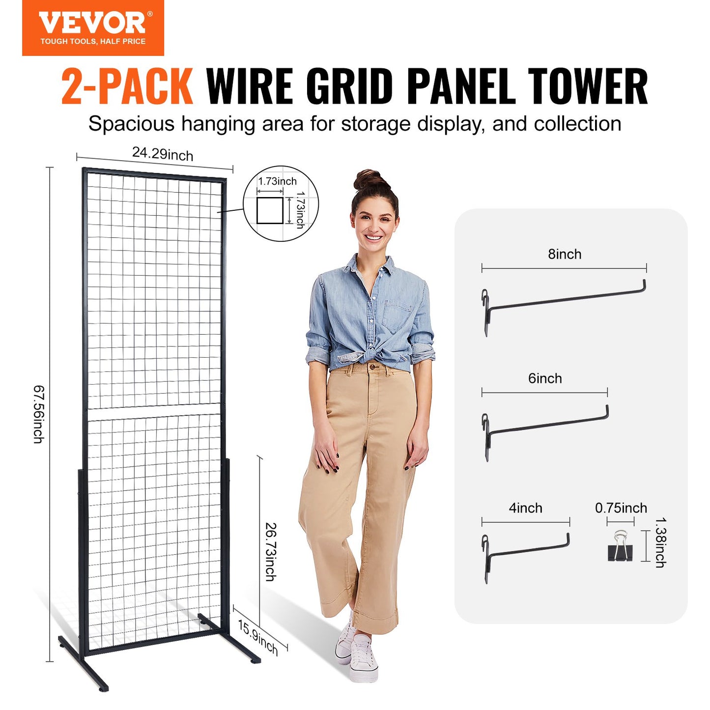 2' x 5.6' Grid Wall Panels Tower, 2 Packs Wire Gridwall Display Racks with T-Base Floorstanding, Double Side Gridwall Panels for Art Craft Shows, Retail Display with Extra Clips and Hooks - Image 2