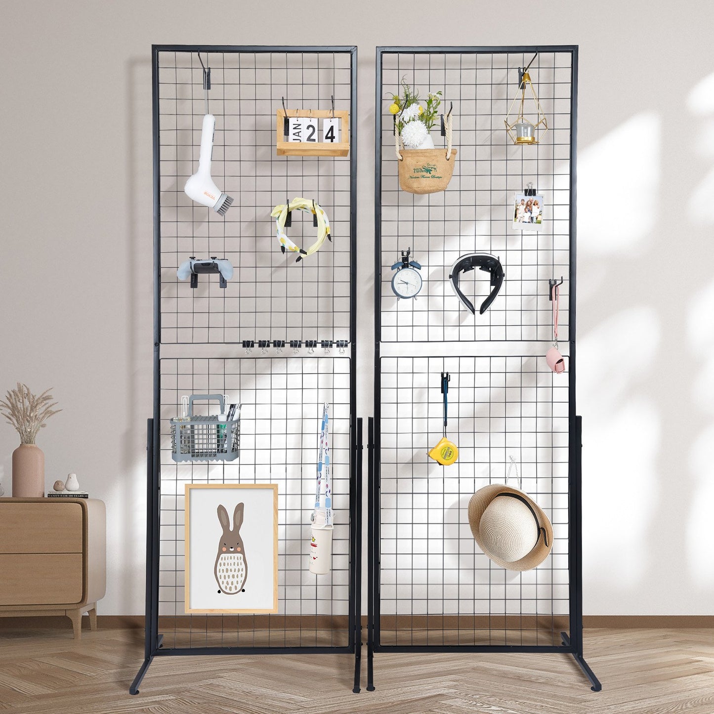2' x 5.6' Grid Wall Panels Tower, 2 Packs Wire Gridwall Display Racks with T-Base Floorstanding, Double Side Gridwall Panels for Art Craft Shows, Retail Display with Extra Clips and Hooks - Image 8