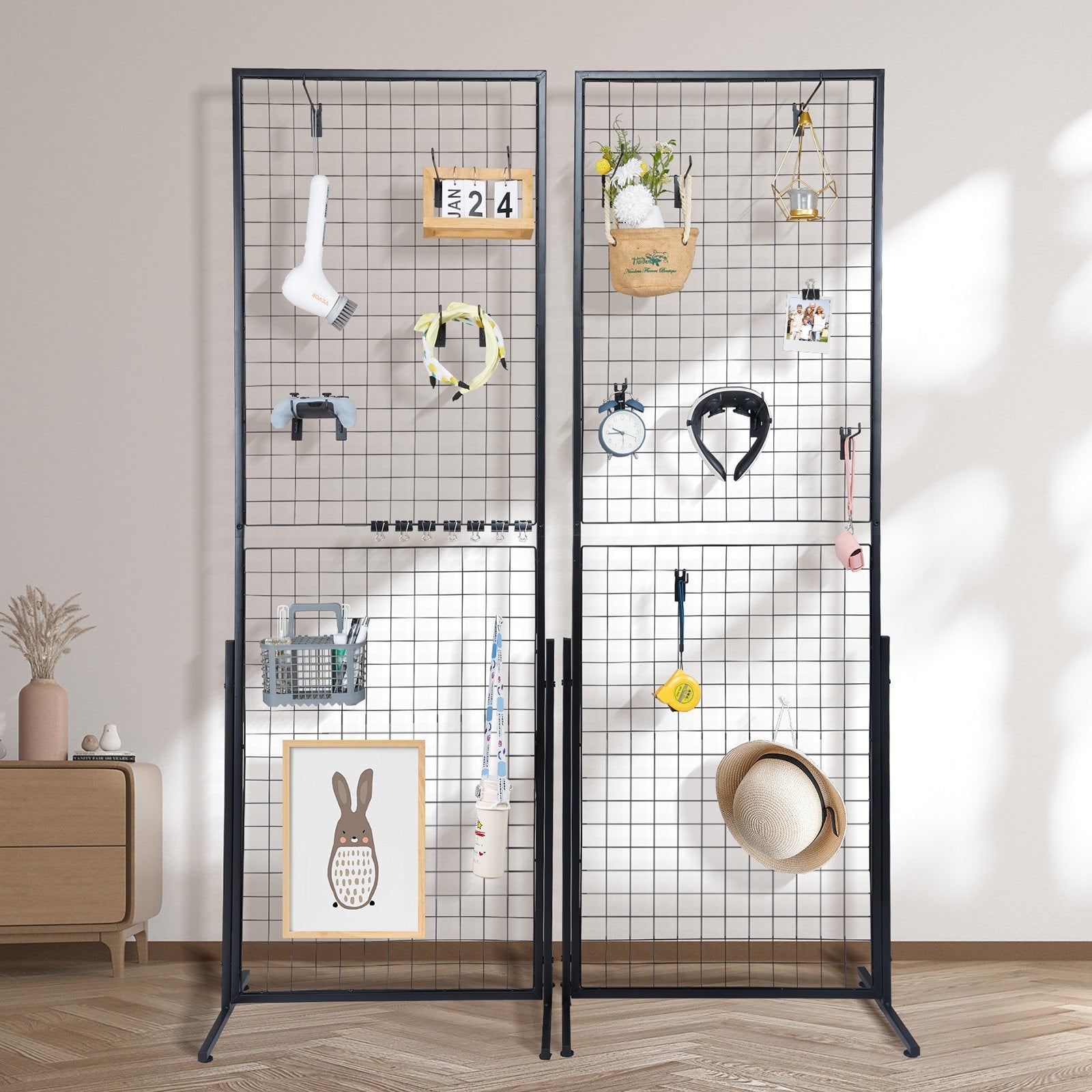 2' x 5.6' Grid Wall Panels Tower, 2 Packs Wire Gridwall Display Racks with T-Base Floorstanding, Double Side Gridwall Panels for Art Craft Shows, Retail Display with Extra Clips and Hooks - Image 8