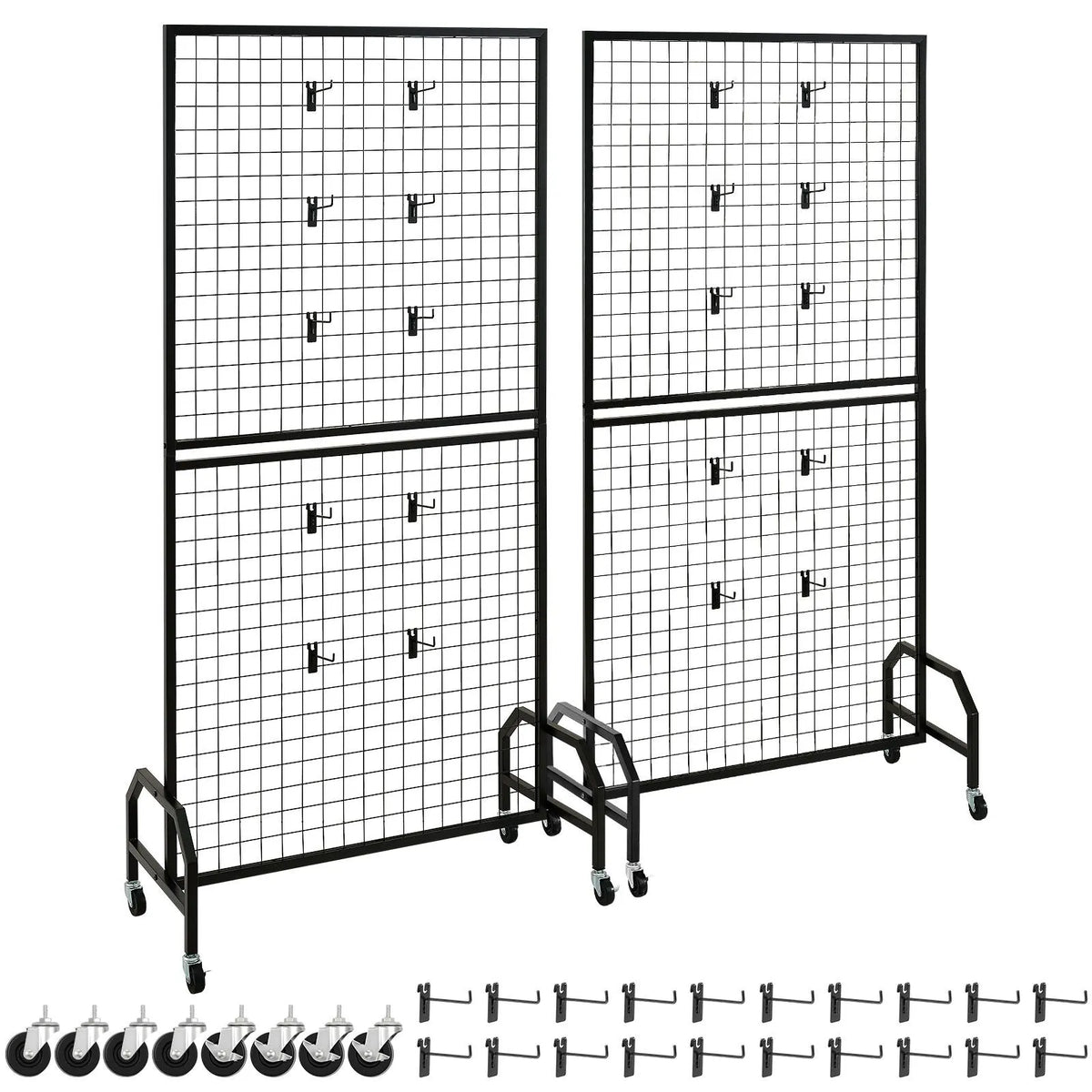 2 Packs Grid Wall Panels, 898 x 1798 mm Wire Grid Panels Display Rack, Movable Art Display Shelf with Wheels & 10 Hooks, Black Carbon Steel Gridwall for Craft Show, Decor, Storage, Notice Board