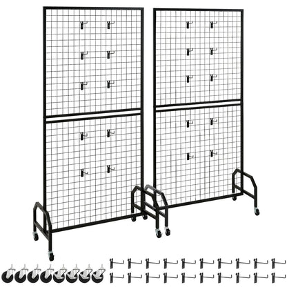 2 Packs Grid Wall Panels, 898 x 1798 mm Wire Grid Panels Display Rack, Movable Art Display Shelf with Wheels & 10 Hooks, Black Carbon Steel Gridwall for Craft Show, Decor, Storage, Notice Board