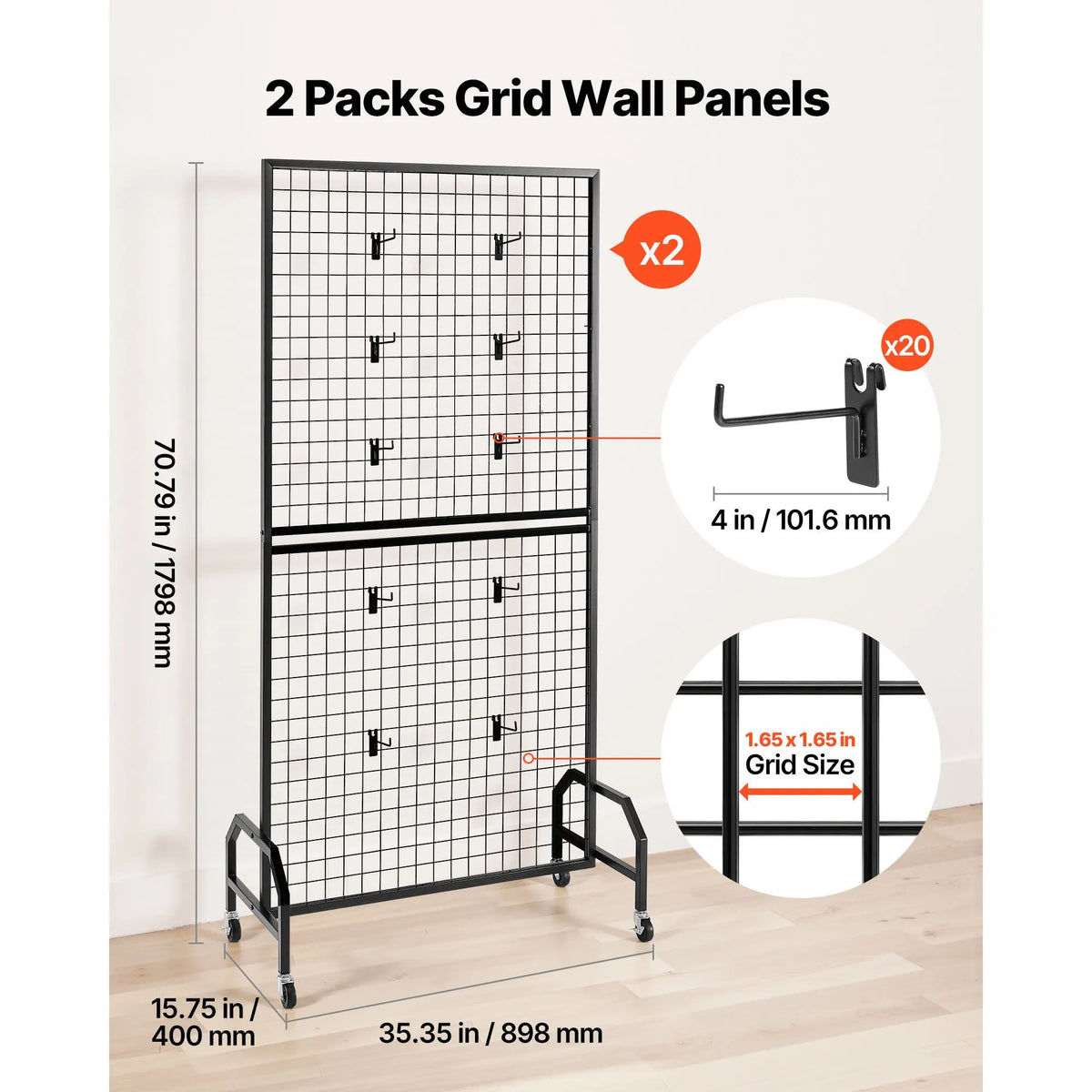 2 Packs Grid Wall Panels, 898 x 1798 mm Wire Grid Panels Display Rack, Movable Art Display Shelf with Wheels & 10 Hooks, Black Carbon Steel Gridwall for Craft Show, Decor, Storage, Notice Board - Image 2