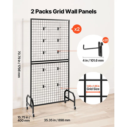 2 Packs Grid Wall Panels, 898 x 1798 mm Wire Grid Panels Display Rack, Movable Art Display Shelf with Wheels & 10 Hooks, Black Carbon Steel Gridwall for Craft Show, Decor, Storage, Notice Board - Image 2