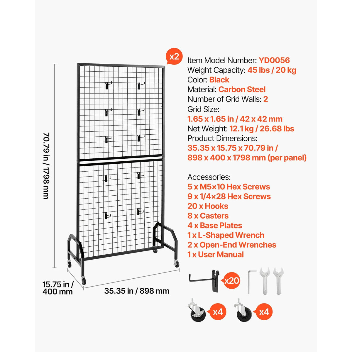 2 Packs Grid Wall Panels, 898 x 1798 mm Wire Grid Panels Display Rack, Movable Art Display Shelf with Wheels & 10 Hooks, Black Carbon Steel Gridwall for Craft Show, Decor, Storage, Notice Board - Image 7