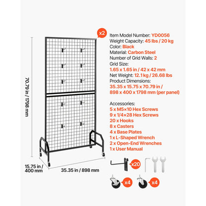 2 Packs Grid Wall Panels, 898 x 1798 mm Wire Grid Panels Display Rack, Movable Art Display Shelf with Wheels & 10 Hooks, Black Carbon Steel Gridwall for Craft Show, Decor, Storage, Notice Board - Image 7