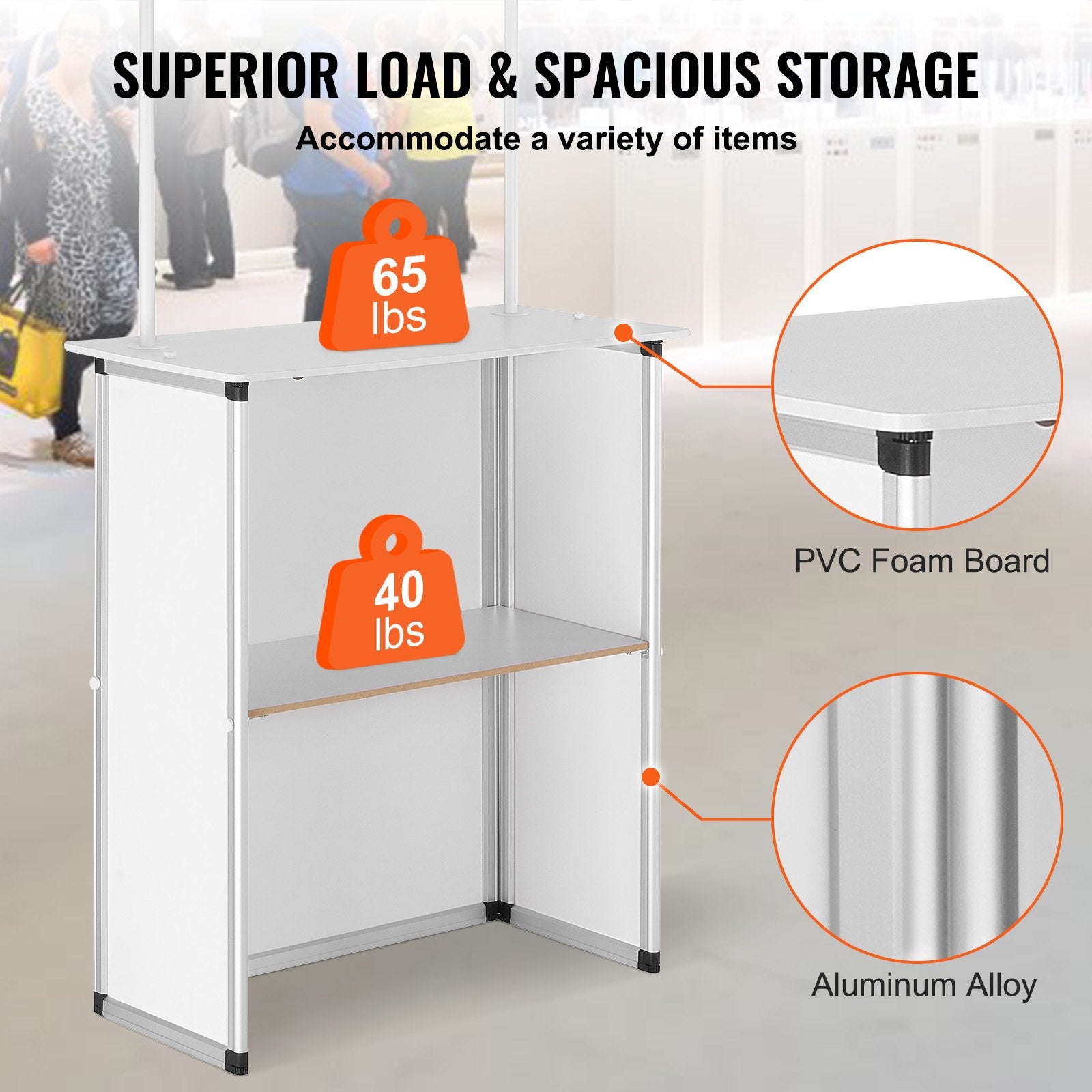 Portable Tradeshow Podium Table, 785 x 380 x 1815 mm, Display Exhibition Counter Stand Booth Fair with Wall, Foldable Promotion Retail Bar Table Pop Up Podium with Storage Rack/Carrying Bag - Image 3