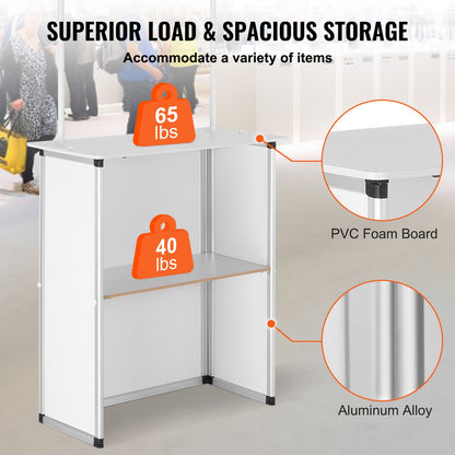 Portable Tradeshow Podium Table, 785 x 380 x 1815 mm, Display Exhibition Counter Stand Booth Fair with Wall, Foldable Promotion Retail Bar Table Pop Up Podium with Storage Rack/Carrying Bag - Image 3