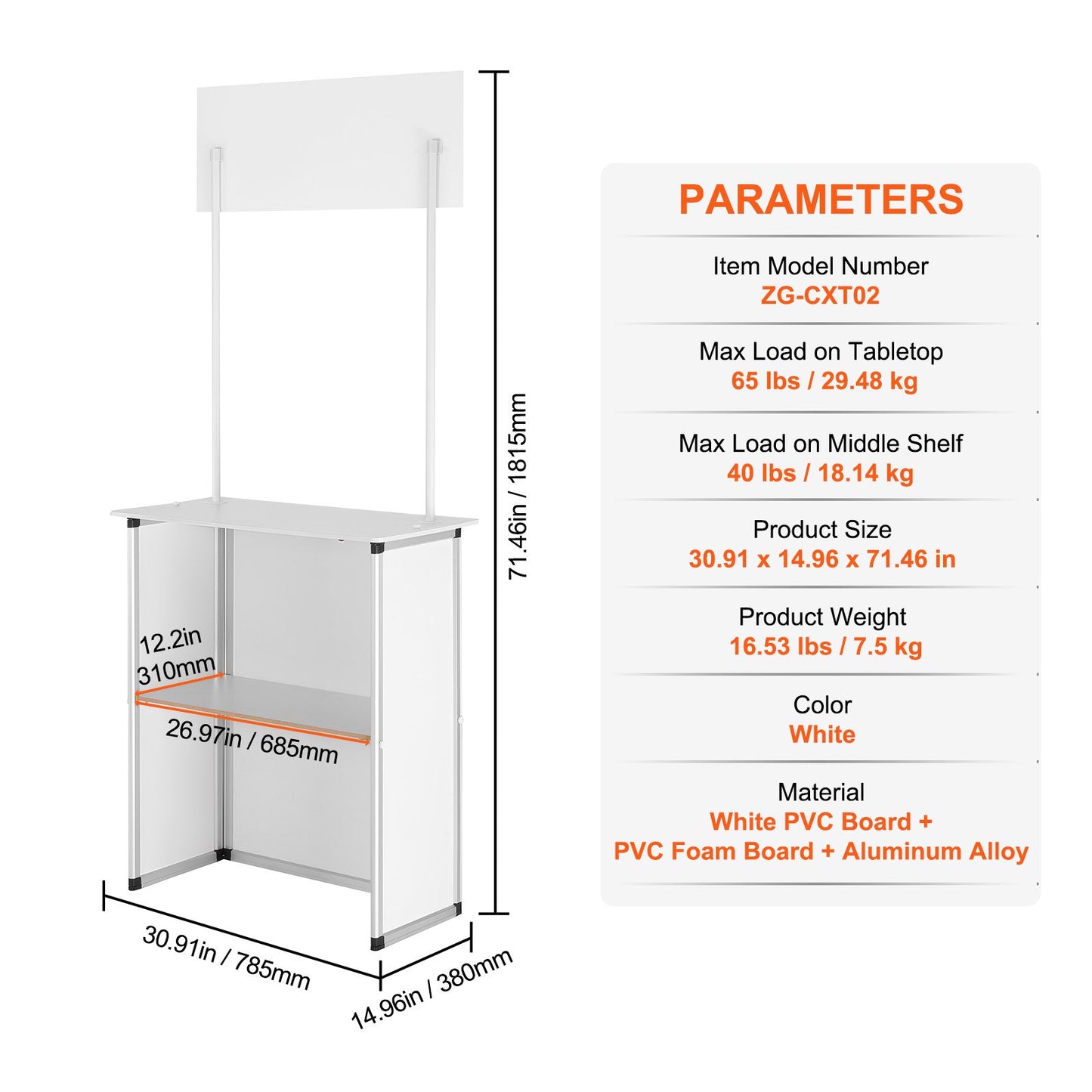 Portable Tradeshow Podium Table, 785 x 380 x 1815 mm, Display Exhibition Counter Stand Booth Fair with Wall, Foldable Promotion Retail Bar Table Pop Up Podium with Storage Rack/Carrying Bag - Image 7