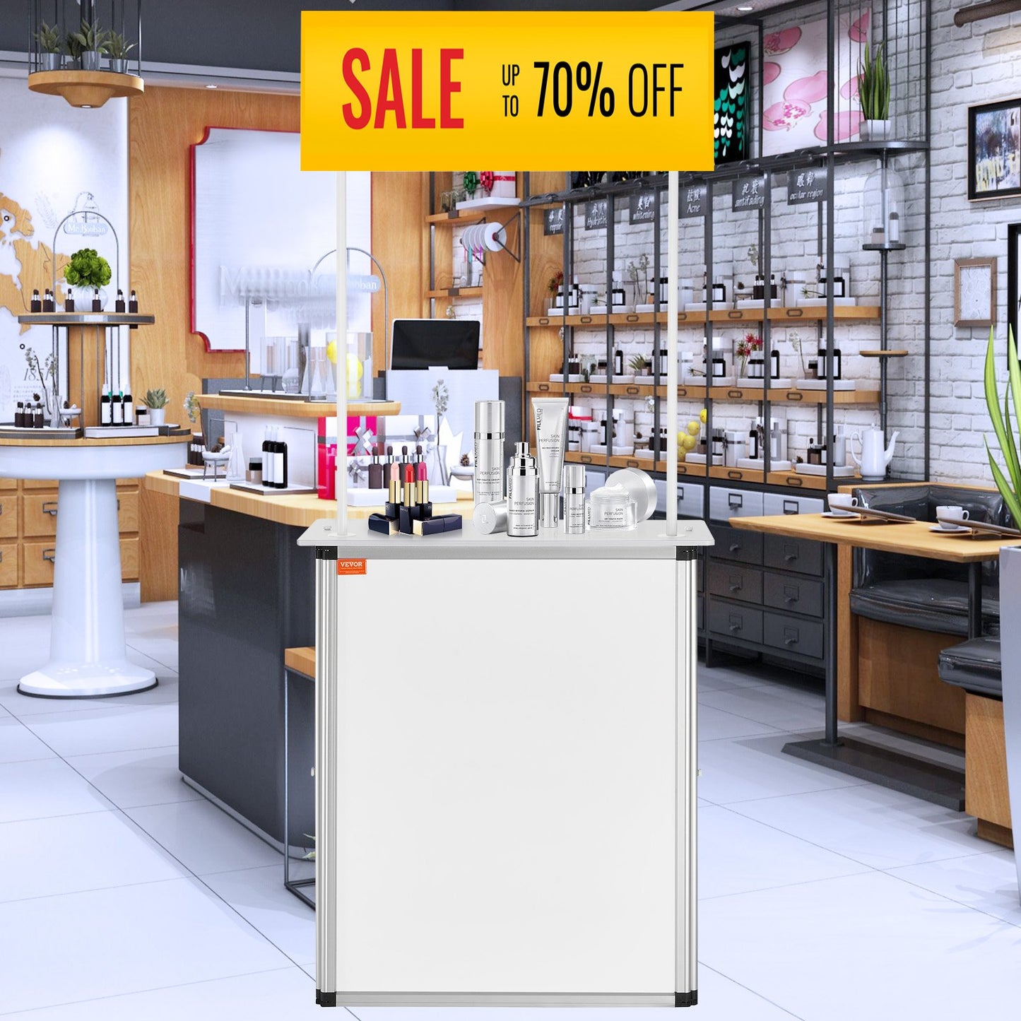 Portable Tradeshow Podium Table, 785 x 380 x 1815 mm, Display Exhibition Counter Stand Booth Fair with Wall, Foldable Promotion Retail Bar Table Pop Up Podium with Storage Rack/Carrying Bag - Image 8