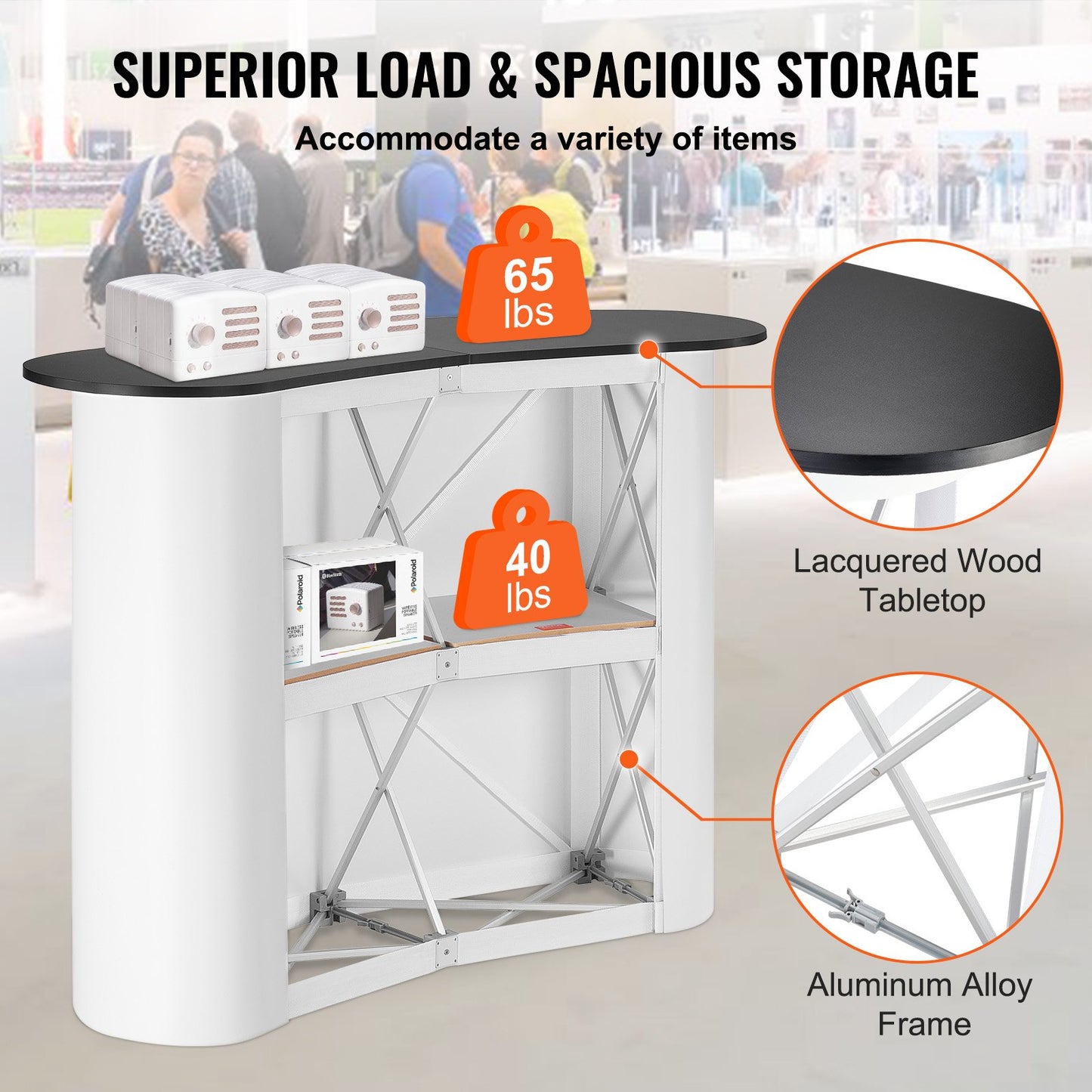Portable Tradeshow Podium Table, 1300 x 465 x 950 mm, Display Exhibition Counter Stand Booth Fair with Wall, Foldable Promotion Retail Bar Table Pop Up Podium with Storage Rack, Carrying Bag - Image 3