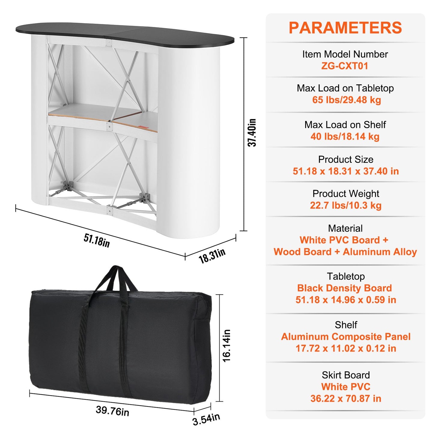 Portable Tradeshow Podium Table, 1300 x 465 x 950 mm, Display Exhibition Counter Stand Booth Fair with Wall, Foldable Promotion Retail Bar Table Pop Up Podium with Storage Rack, Carrying Bag - Image 7