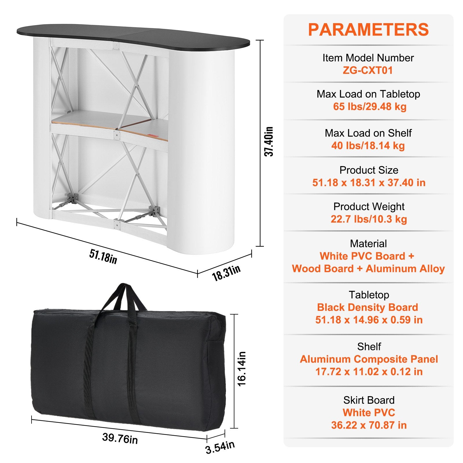 Portable Tradeshow Podium Table, 1300 x 465 x 950 mm, Display Exhibition Counter Stand Booth Fair with Wall, Foldable Promotion Retail Bar Table Pop Up Podium with Storage Rack, Carrying Bag - Image 7