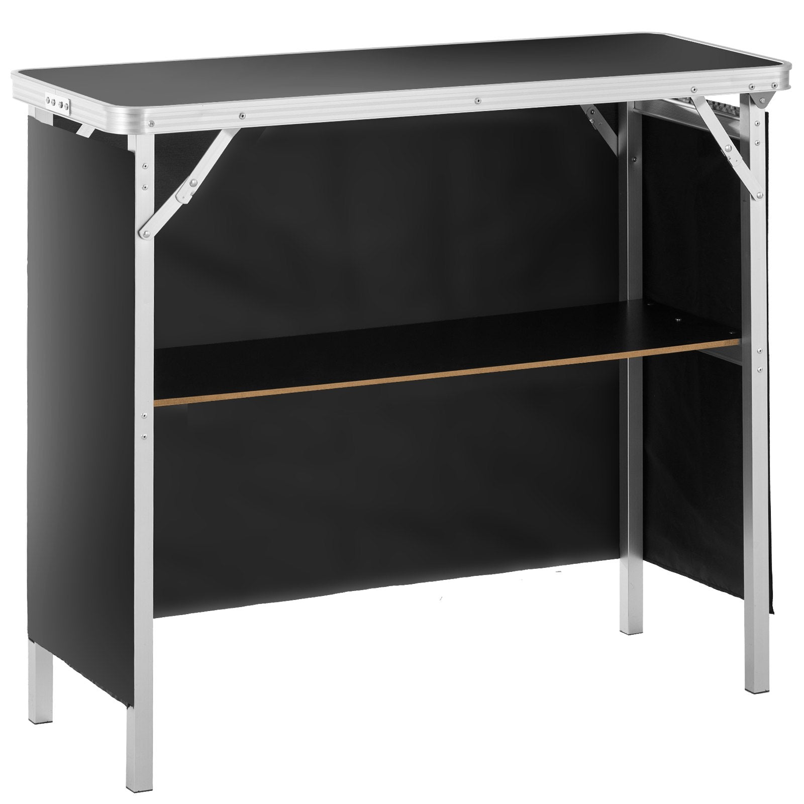 Folding Portable Bar Table, Tradeshow Podium Table for Indoor, Outdoor, Party, Picnic, Exhibition, Includes Carrying Case, Storage Shelf and Black Skirt, 38.39" x 15.16" x 34.25“