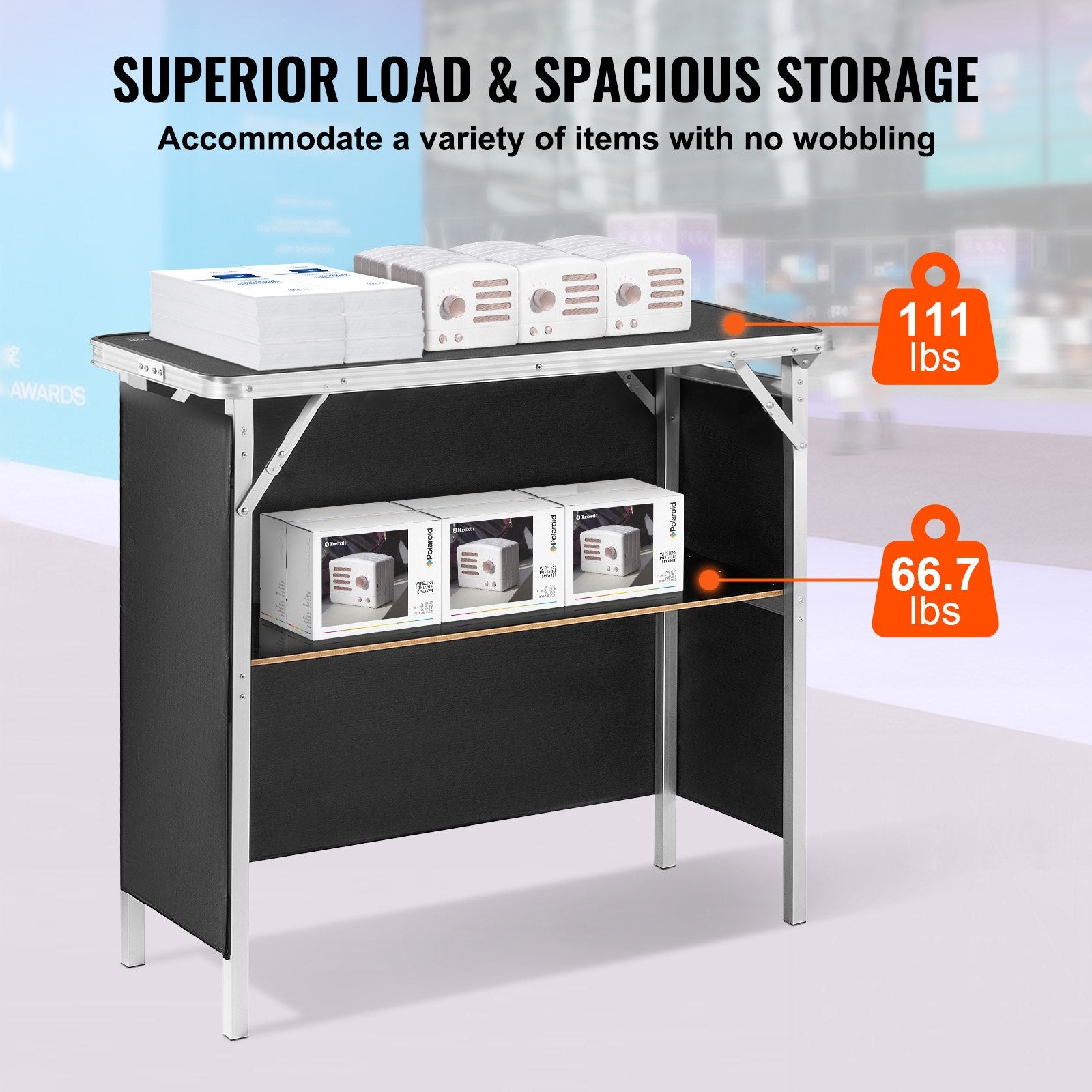Folding Portable Bar Table, Tradeshow Podium Table for Indoor, Outdoor, Party, Picnic, Exhibition, Includes Carrying Case, Storage Shelf and Black Skirt, 38.39" x 15.16" x 34.25“ - Image 3