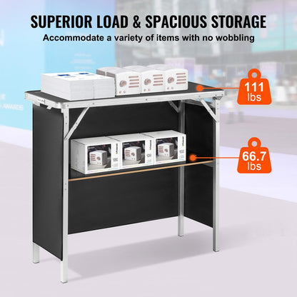 Folding Portable Bar Table, Tradeshow Podium Table for Indoor, Outdoor, Party, Picnic, Exhibition, Includes Carrying Case, Storage Shelf and Black Skirt, 38.39" x 15.16" x 34.25“ - Image 3