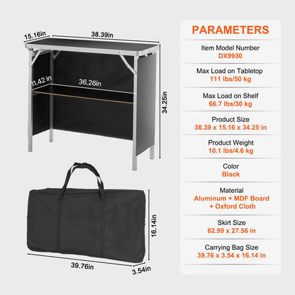 Folding Portable Bar Table, Tradeshow Podium Table for Indoor, Outdoor, Party, Picnic, Exhibition, Includes Carrying Case, Storage Shelf and Black Skirt, 38.39" x 15.16" x 34.25“ - Image 7