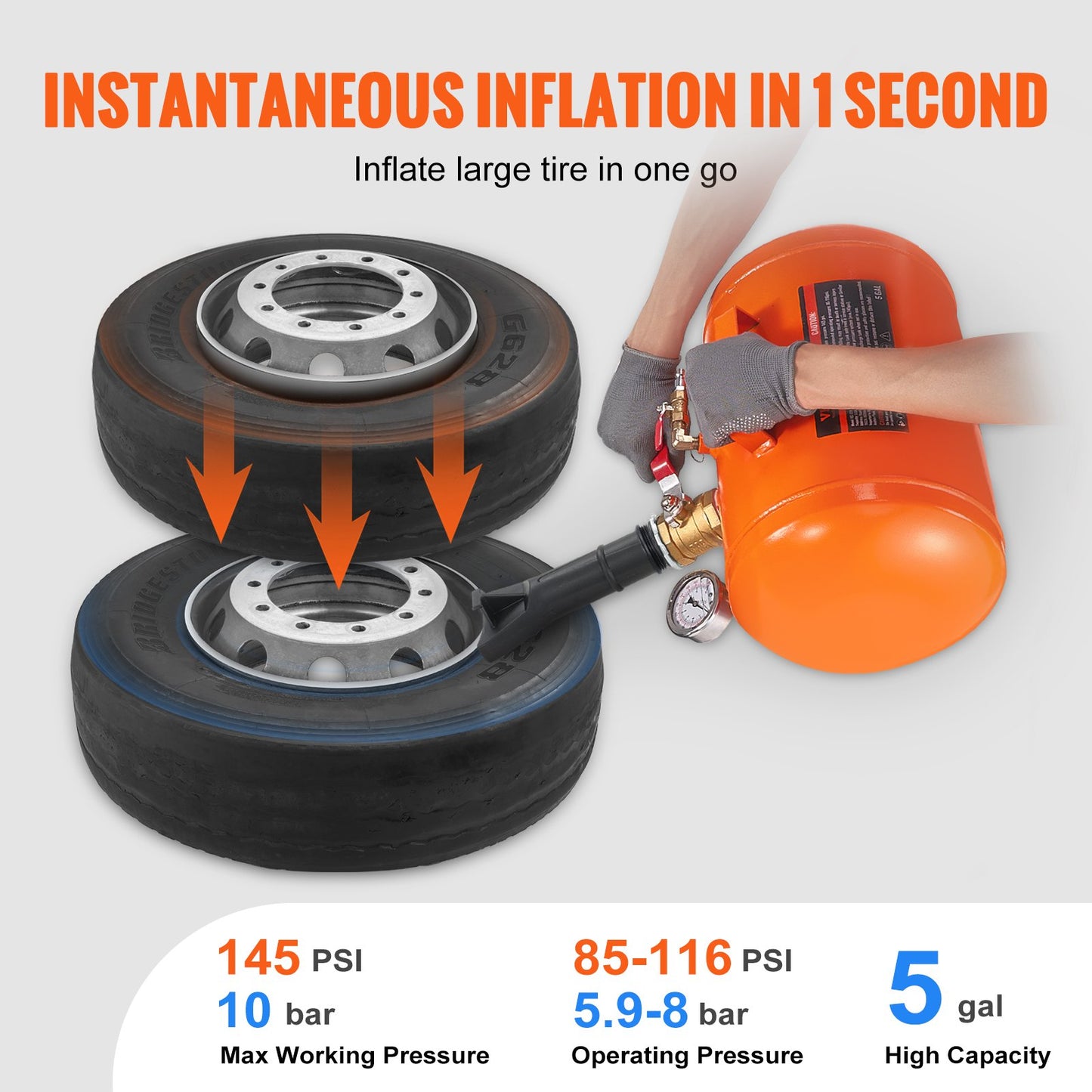 Tire Bead Seater, 5 Gal/19L Air Tire Bead Blaster with Pressure Gauge & Handle, 145 PSI Seating Tool Inflator Tank, 85-116 PSI Operating Pressure for Car Truck ATV - Image 3