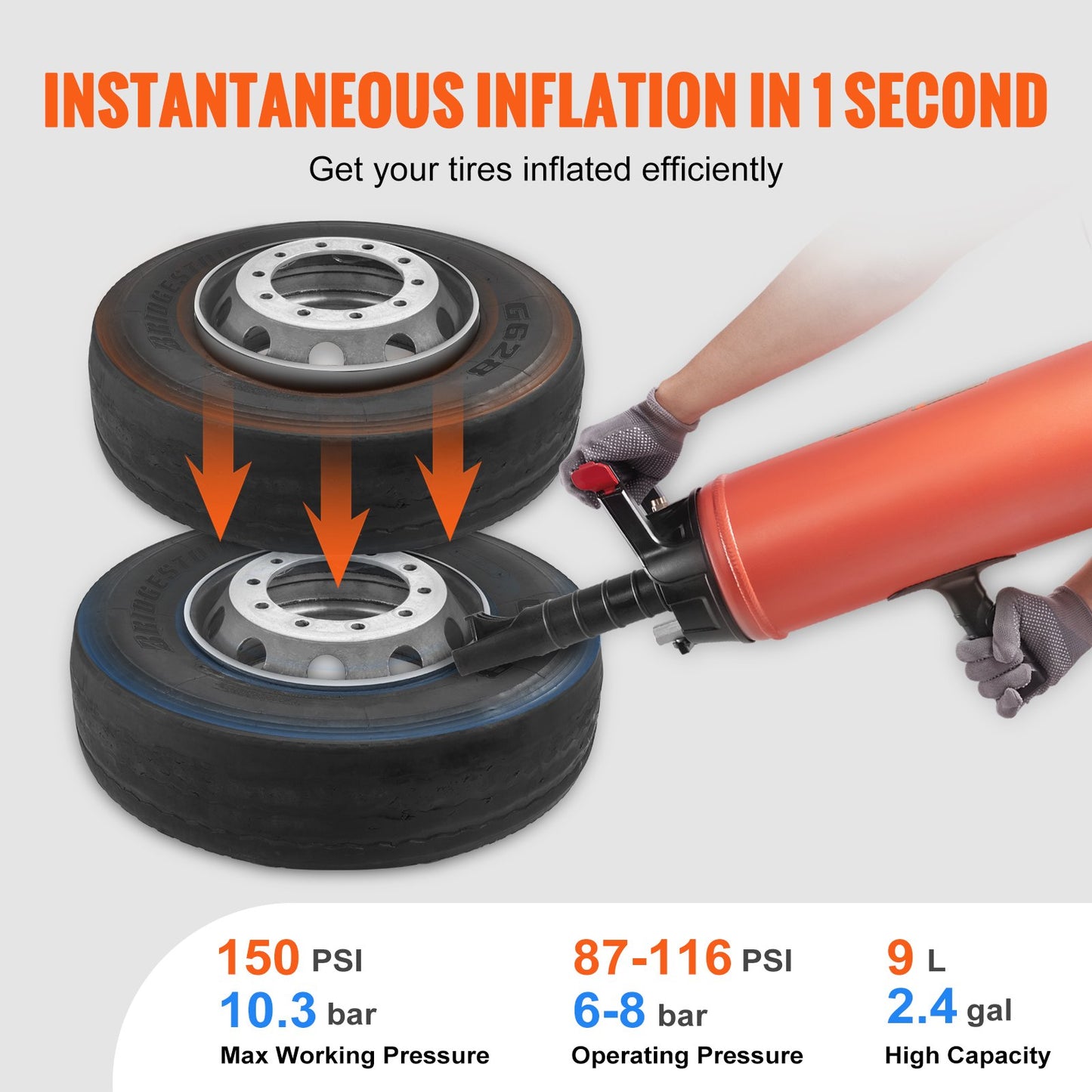 Tire Bead Seater, 2.4 Gal/9 L Air Tire Bead Blaster, 150 PSI Handheld Bead Bazooka, Portable Tire Inflator Tool, 87-116 PSI Operating Pressure for Tractor Truck ATV Car and Automobile Repair - Image 3