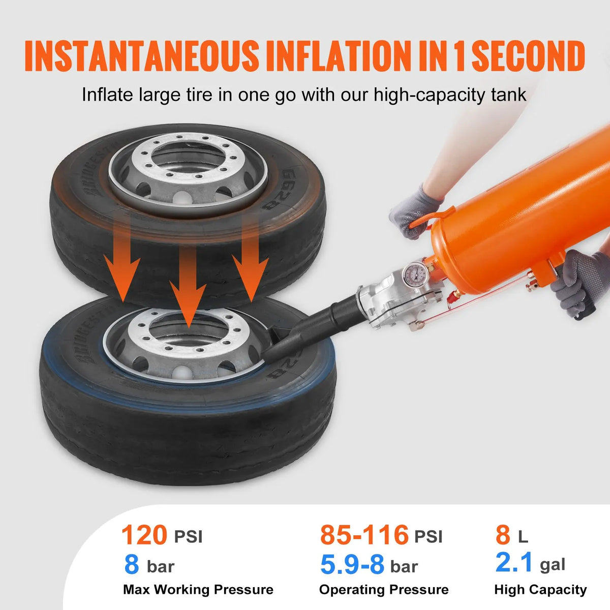 Tire Bead Seater, 2.1 Gal/8 L Air Tire Bead Blaster, 120 PSI Handheld Bead Bazooka, Upgraded Portable Tire Inflator Tool, 85-116 PSI Operating Pressure for Tractor Truck ATV Car - Image 3