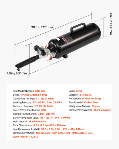 Portable Tire Bead Seater, 2.1 Gal / 8 L Air Bead Blaster, Handheld Tire Inflator Tool, 87-116 PSI Operating Pressure, Trigger Seating Inflator for Car, Compact SUV, Light Truck, E-Bike, RV, ATV - Image 7