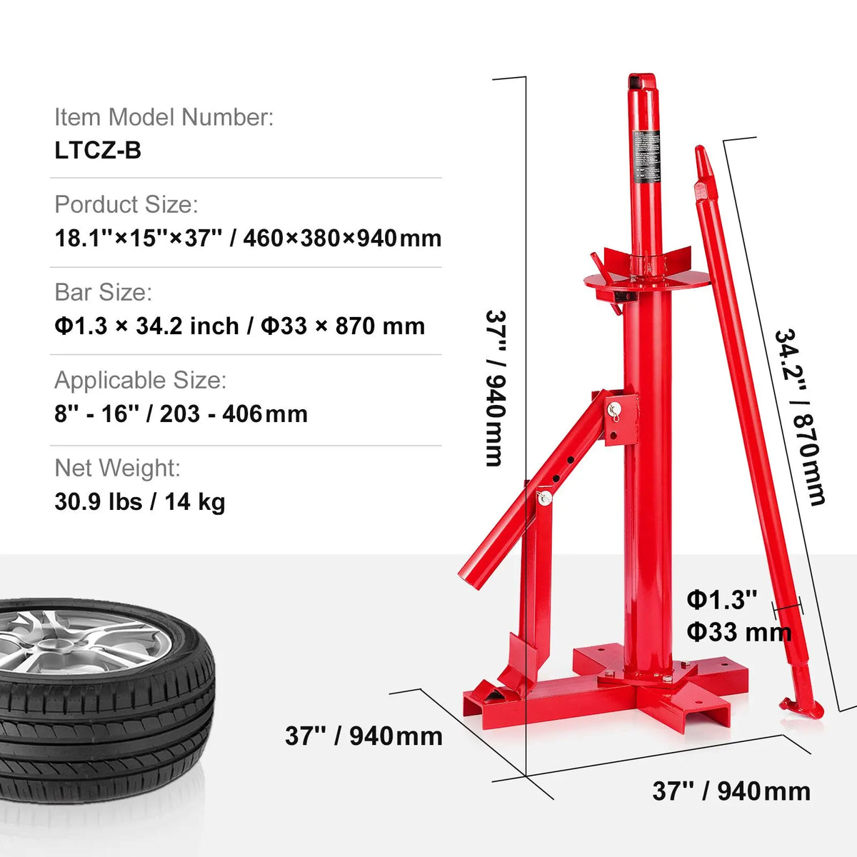 Manual Tire Changer, Portable Hand Bead Breaker Mounting Tool for 203 - 406 mm Tires, Compatible with Car Truck Trailer, Tire Mounting Machine for Home Garage Small Auto Shop - Image 7