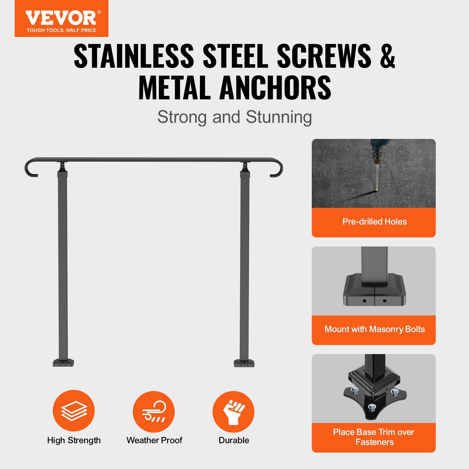 Handrails for Outdoor Steps, Fit 1-3 Steps Wrought Iron Handrail, Outdoor Stair Railing, Adjustable Front Porch Hand Rail, Black Transitional Hand railings for Concrete Steps or Wooden Stairs - Image 2