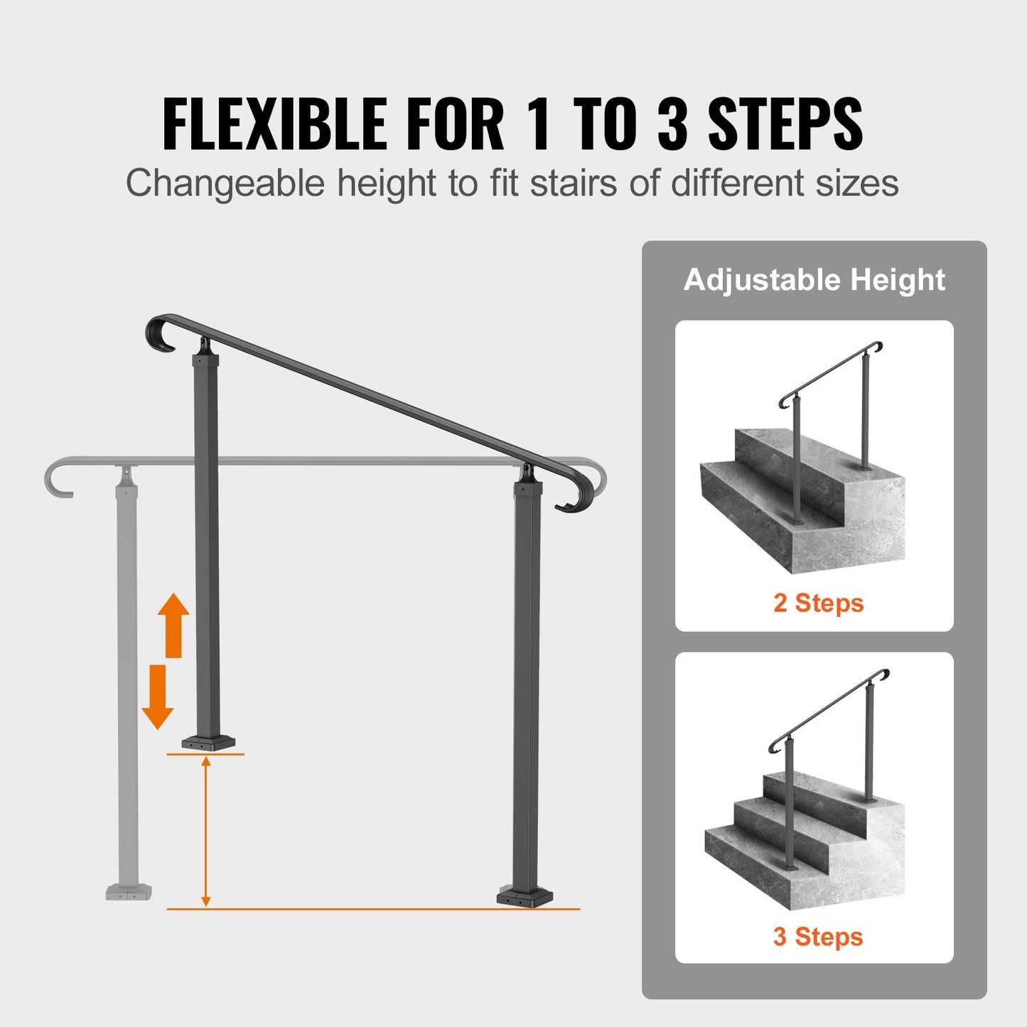 Handrails for Outdoor Steps, Fit 1-3 Steps Wrought Iron Handrail, Outdoor Stair Railing, Adjustable Front Porch Hand Rail, Black Transitional Hand railings for Concrete Steps or Wooden Stairs - Image 4