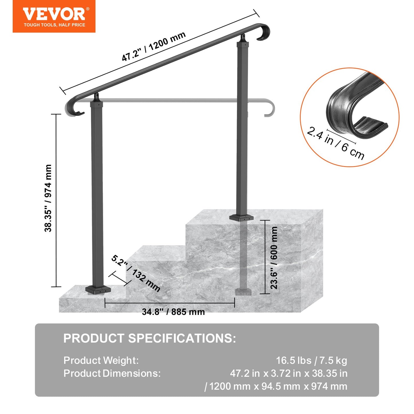 Handrails for Outdoor Steps, Fit 1-3 Steps Wrought Iron Handrail, Outdoor Stair Railing, Adjustable Front Porch Hand Rail, Black Transitional Hand railings for Concrete Steps or Wooden Stairs - Image 7