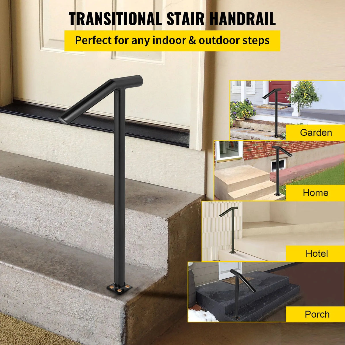Single Post 1-2, Black Steel Railing 441LBS Capacity Baking Varnish Iron Stairs Stylish Handrails for Outdoor Steps with Expansion Bolts & Drill Bit - Image 2