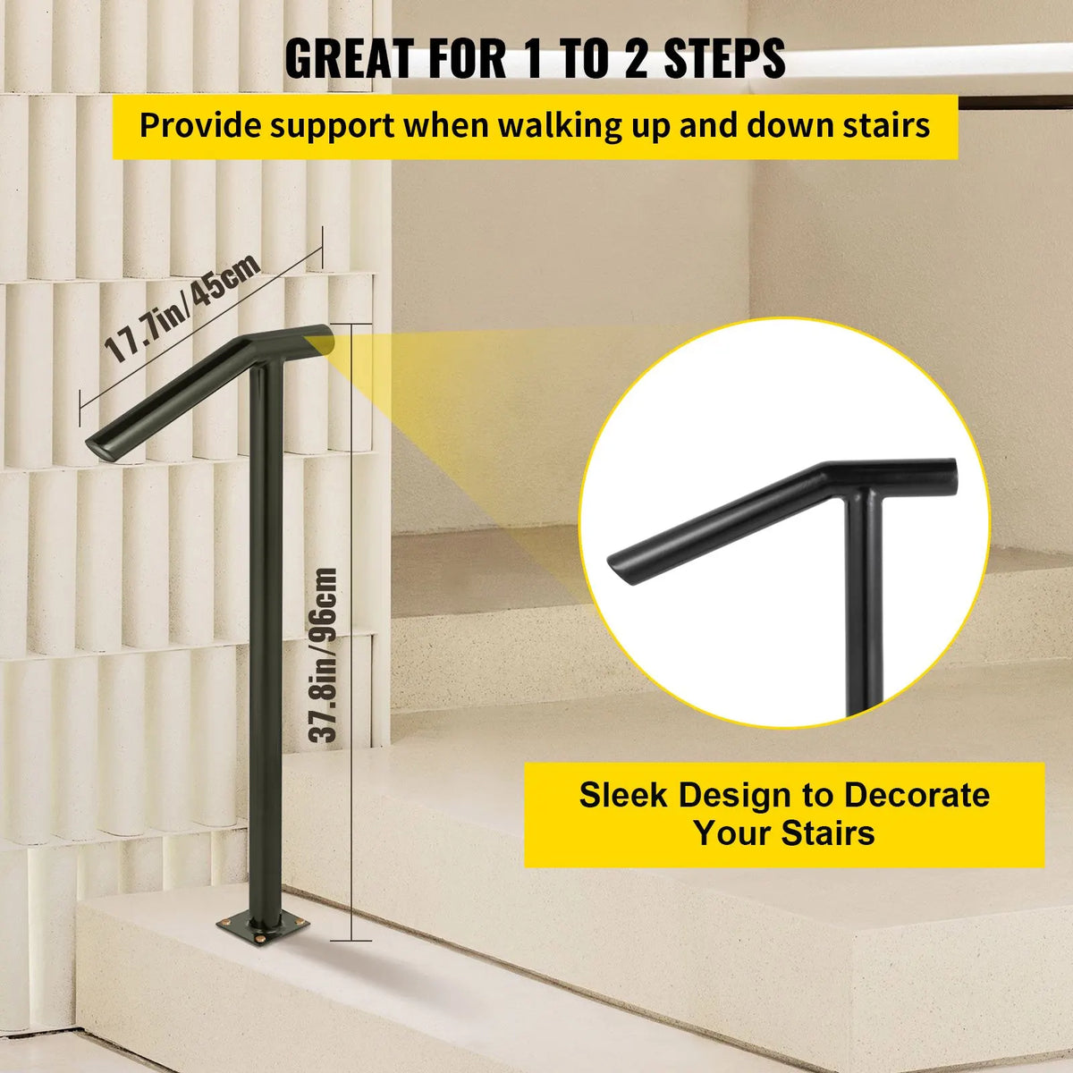 Single Post 1-2, Black Steel Railing 441LBS Capacity Baking Varnish Iron Stairs Stylish Handrails for Outdoor Steps with Expansion Bolts & Drill Bit - Image 3
