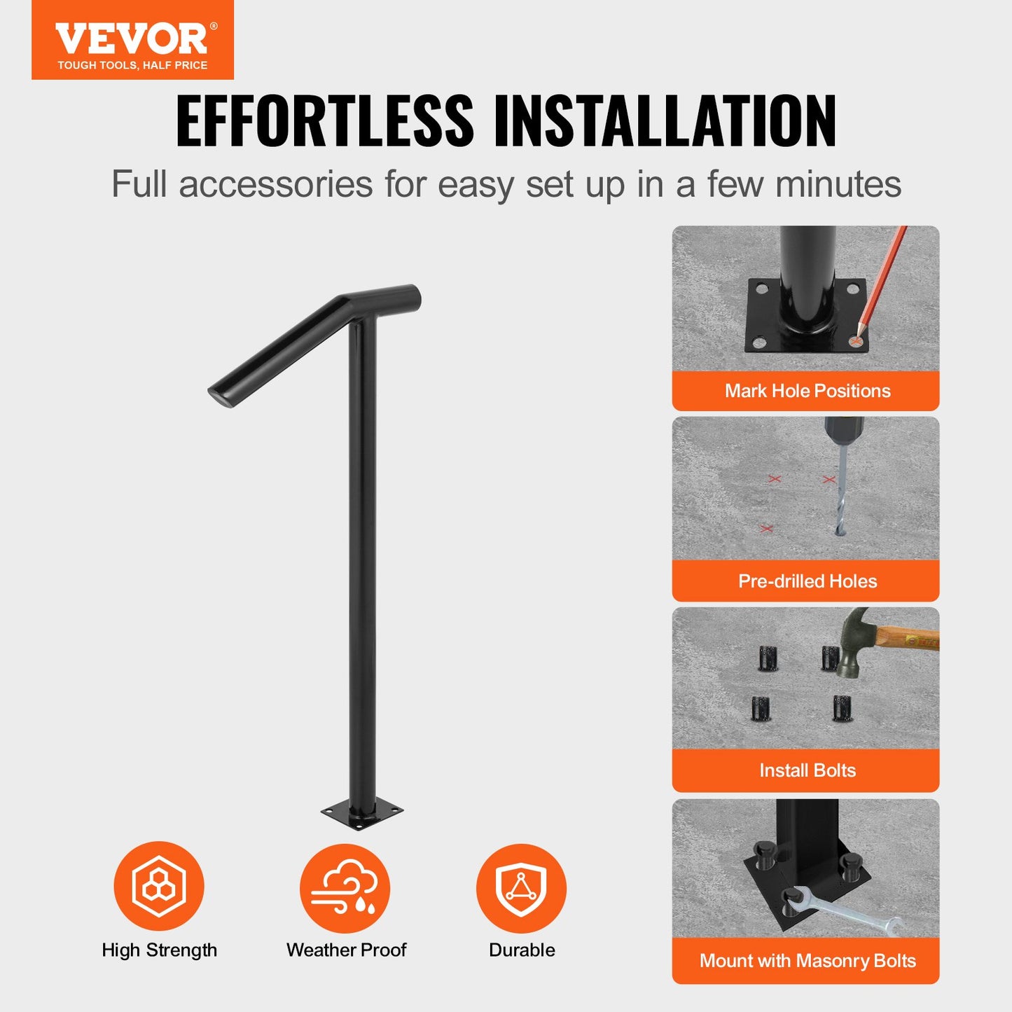 Single Post 1-2, Black Steel Railing 441LBS Capacity Baking Varnish Iron Stairs Stylish Handrails for Outdoor Steps with Expansion Bolts & Drill Bit - Image 2