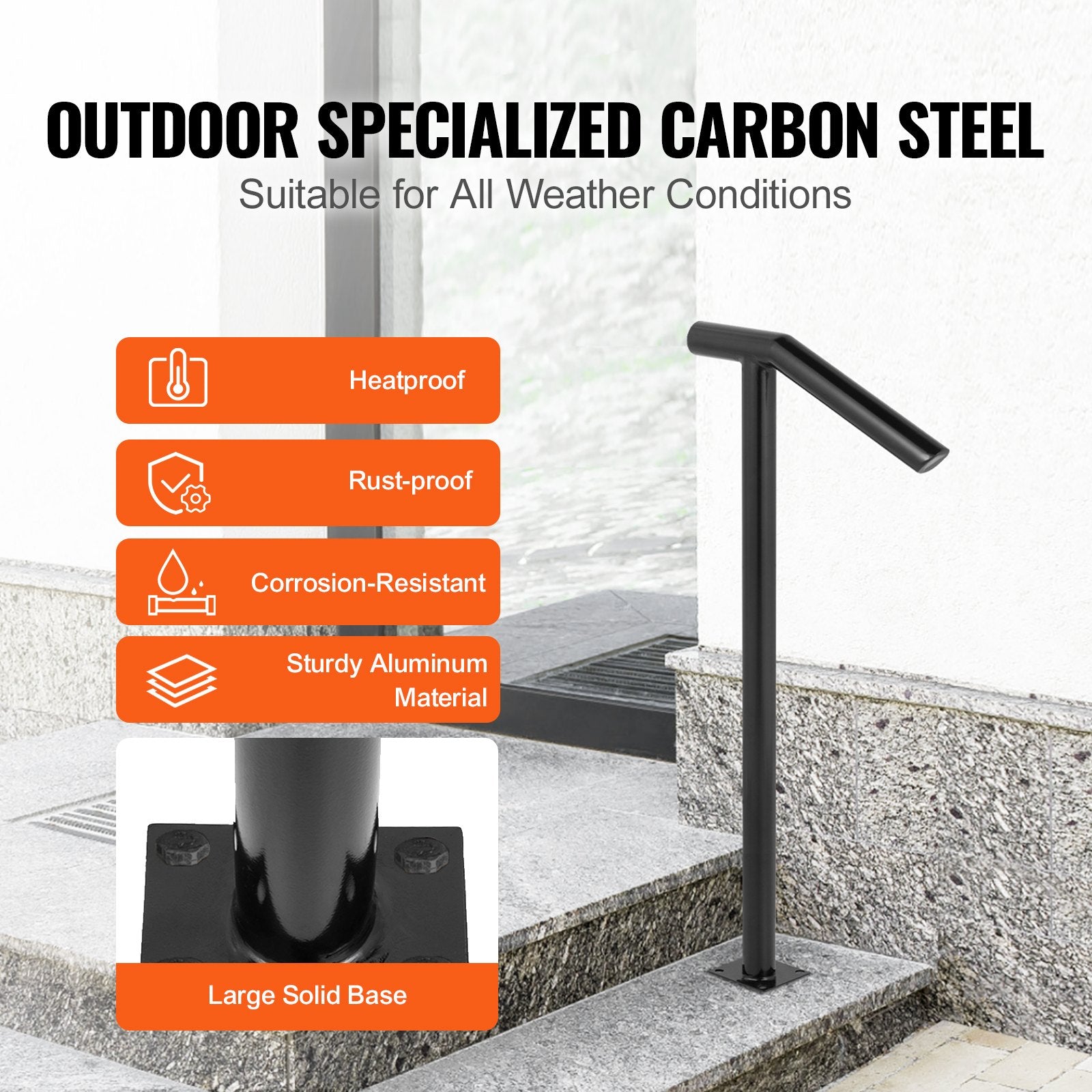 Single Post 1-2, Black Steel Railing 441LBS Capacity Baking Varnish Iron Stairs Stylish Handrails for Outdoor Steps with Expansion Bolts & Drill Bit - Image 3