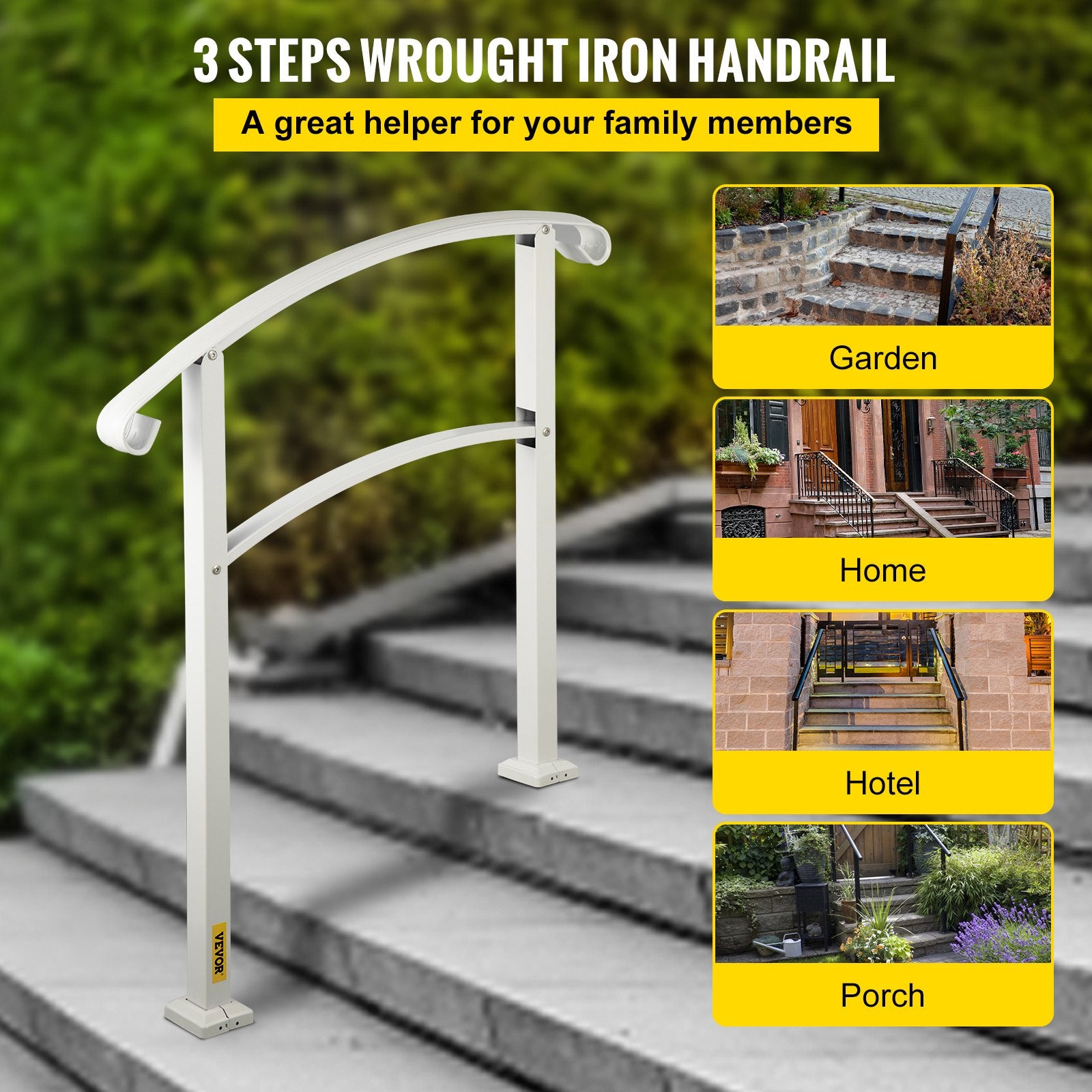 3-Step Handrails for Outdoor Steps Fits 1 or 3 Steps Matte White Stair Rail Wrought Iron Handrail with Installation Kit Hand Rails for Outdoor Step - Image 2