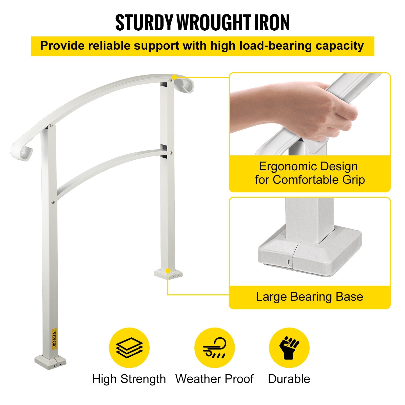 3-Step Handrails for Outdoor Steps Fits 1 or 3 Steps Matte White Stair Rail Wrought Iron Handrail with Installation Kit Hand Rails for Outdoor Step - Image 4