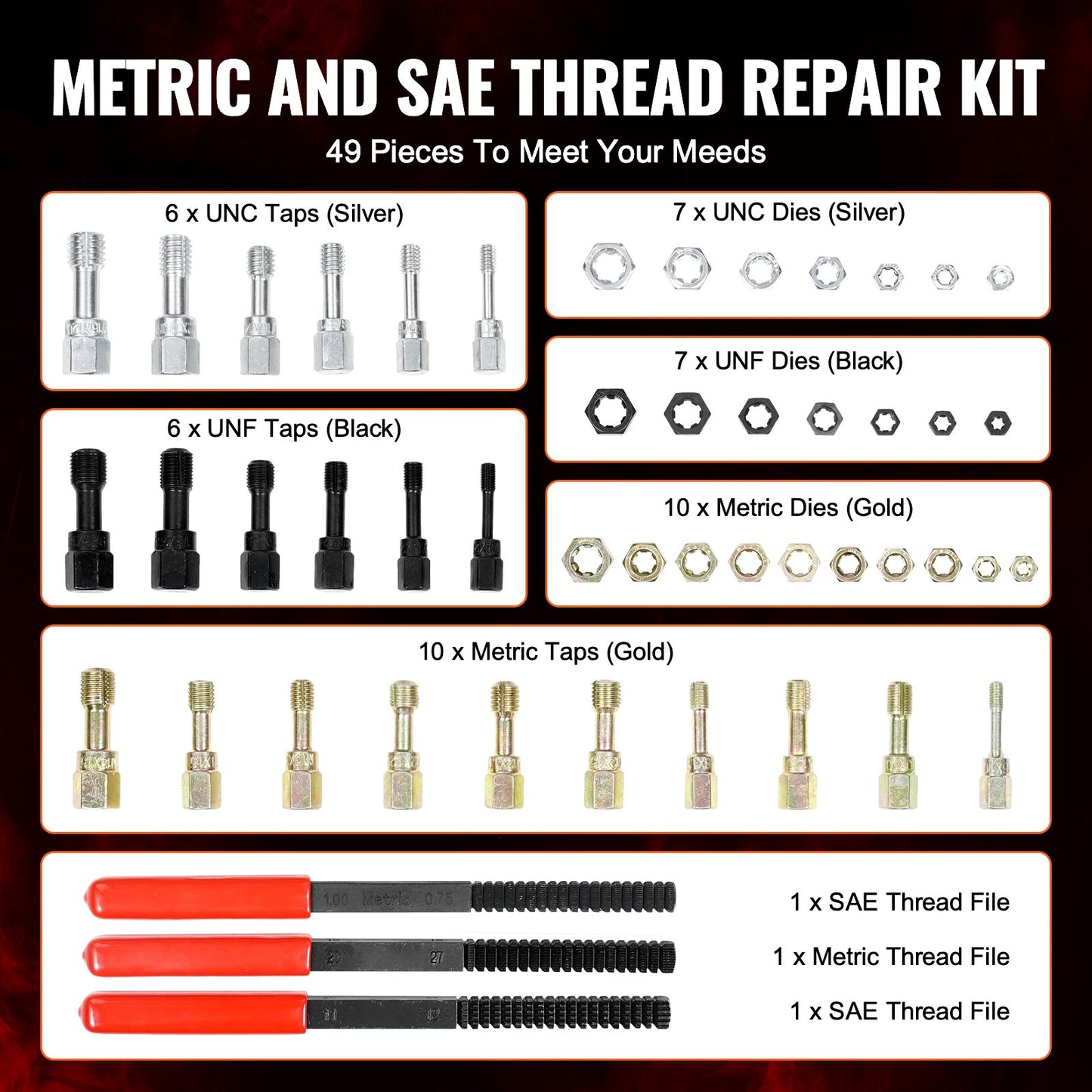 49-Piece Thread Chaser Set, UNC UNF and Metric Thread Restorer Tool, Rethreading Tool Kit with 22 Taps 24 Dies 3 Thread Files Storage Case, Heat Treated Steel, for Mechanics DIY Enthusiasts - Image 3