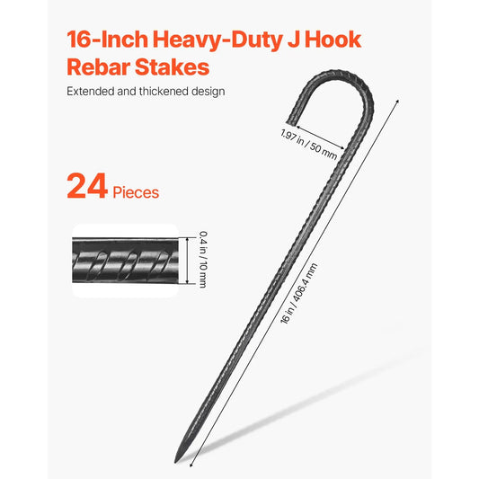 Rebar Stakes, 406.4 mm, Heavy-Duty 10 mm Diameter J Hook, Galvanized Steel Ground Anchors with Chisel Point End & Rust-Resistant Coating, for Gardening Support, Fence, Camping Tents (24-Pack) - Image 2