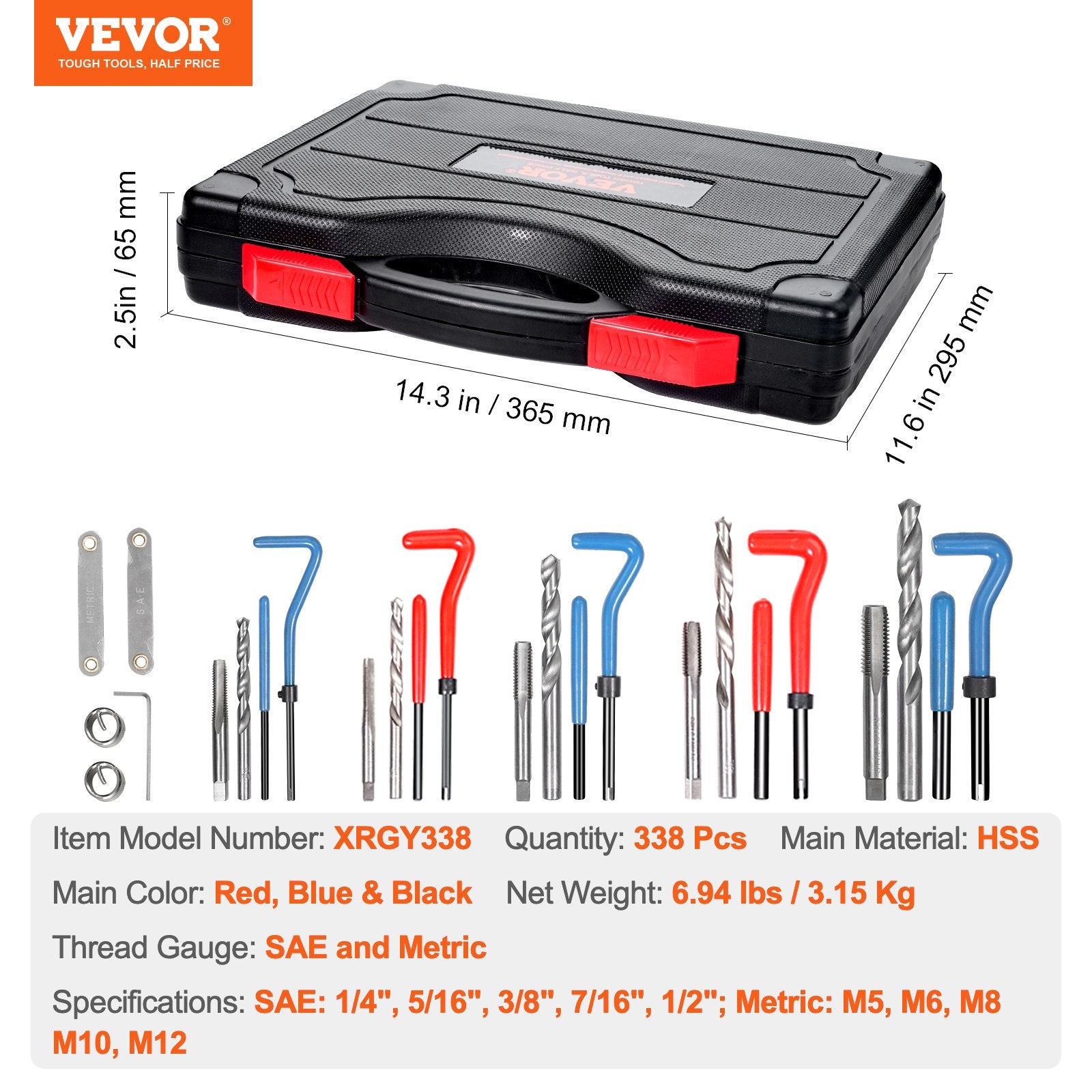 Helicoil Thread Repair Kit, 338-Piece SAE and Metric Rethreading Tool Kit, M5, M6, M8, M10, M12, 1/4", 5/16", 3/8", 7/16", 1/2", HSS Drill Bits Thread Inserts Taps Breakoff Installation Tools - Image 6