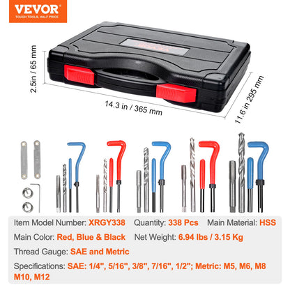 Helicoil Thread Repair Kit, 338-Piece SAE and Metric Rethreading Tool Kit, M5, M6, M8, M10, M12, 1/4", 5/16", 3/8", 7/16", 1/2", HSS Drill Bits Thread Inserts Taps Breakoff Installation Tools - Image 6