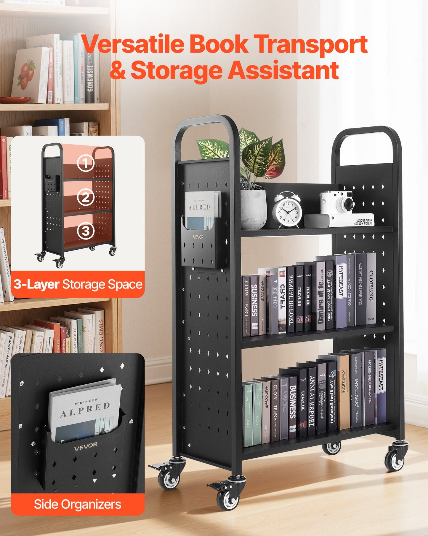 Rolling Library Book Cart, 150 kg Capacity, 77 x 38 x 122 cm Library Cart, Single Sided L-Shaped Shelves with 76.2 mm Lockable Wheels, Book Truck for Home Shelves Office and School, Black - Image 2