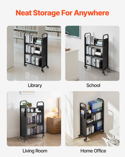 Rolling Library Book Cart, 150 kg Capacity, 77 x 38 x 122 cm Library Cart, Single Sided L-Shaped Shelves with 76.2 mm Lockable Wheels, Book Truck for Home Shelves Office and School, Black - Image 6