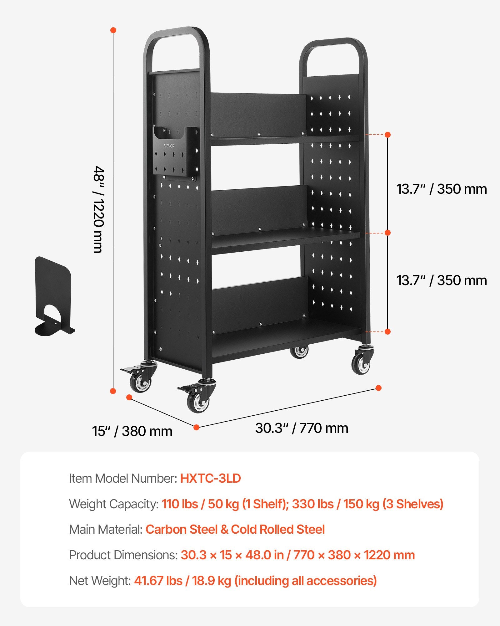 Rolling Library Book Cart, 150 kg Capacity, 77 x 38 x 122 cm Library Cart, Single Sided L-Shaped Shelves with 76.2 mm Lockable Wheels, Book Truck for Home Shelves Office and School, Black - Image 7