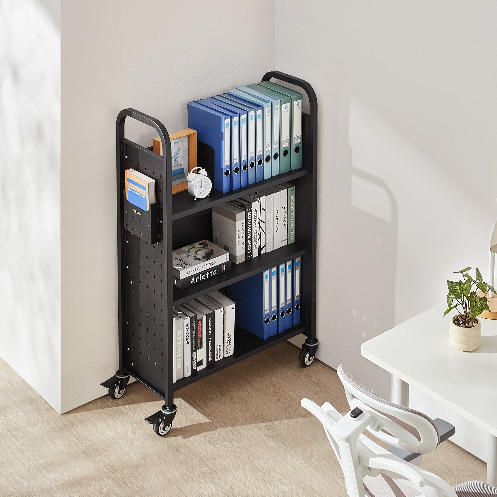 Rolling Library Book Cart, 150 kg Capacity, 77 x 38 x 122 cm Library Cart, Single Sided L-Shaped Shelves with 76.2 mm Lockable Wheels, Book Truck for Home Shelves Office and School, Black - Image 8