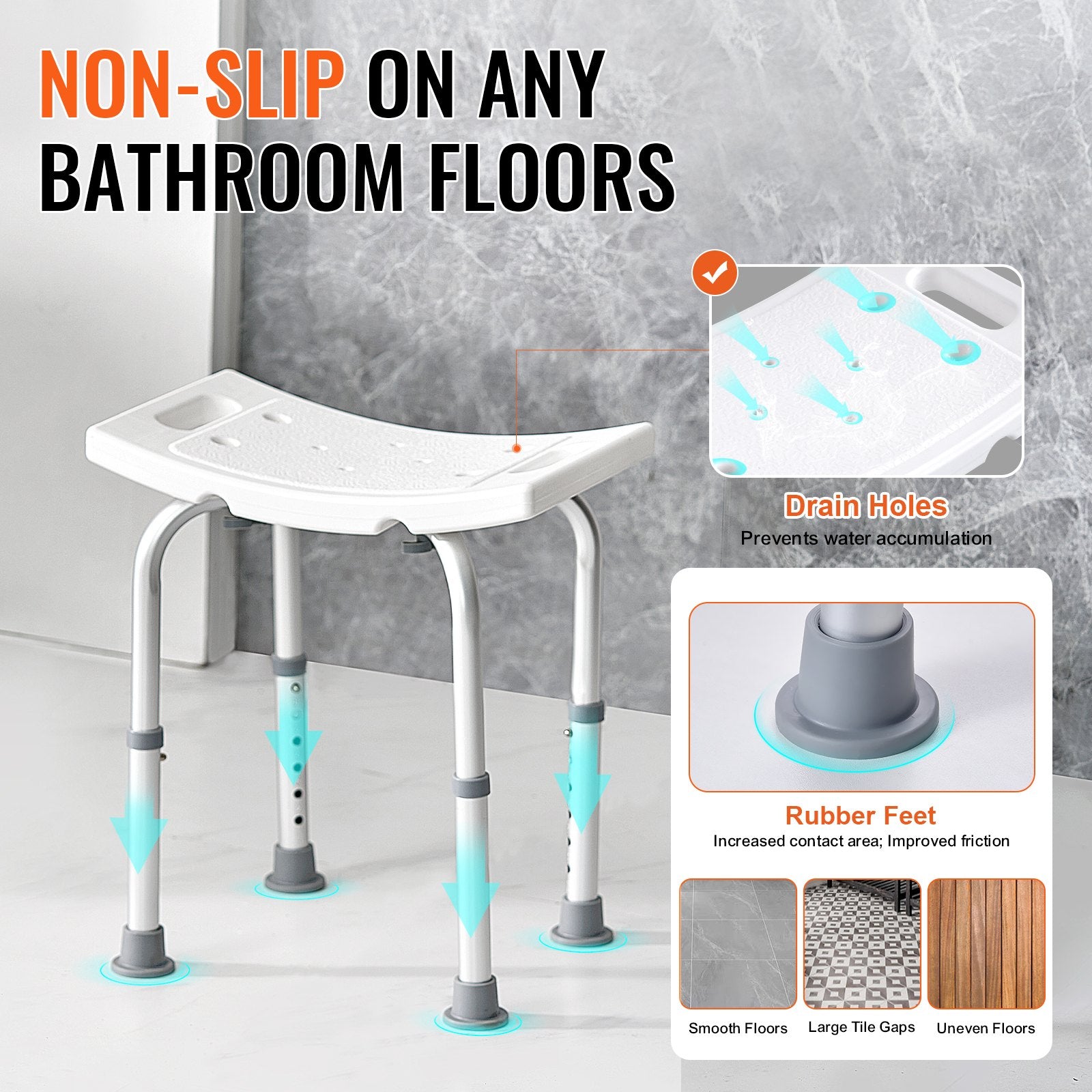 Shower Chair, Adjustable Height Shower Stool with Built-in Handles, Shower Seat for Inside Shower or Tub, Non-Slip Bench Bathtub Stool Seat for Elderly Disabled Handicap, 158.8 kg Capacity - Image 3