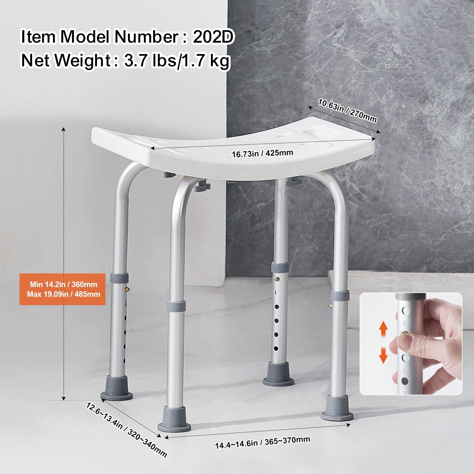 Shower Chair, Adjustable Height Shower Stool with Built-in Handles, Shower Seat for Inside Shower or Tub, Non-Slip Bench Bathtub Stool Seat for Elderly Disabled Handicap, 158.8 kg Capacity - Image 6