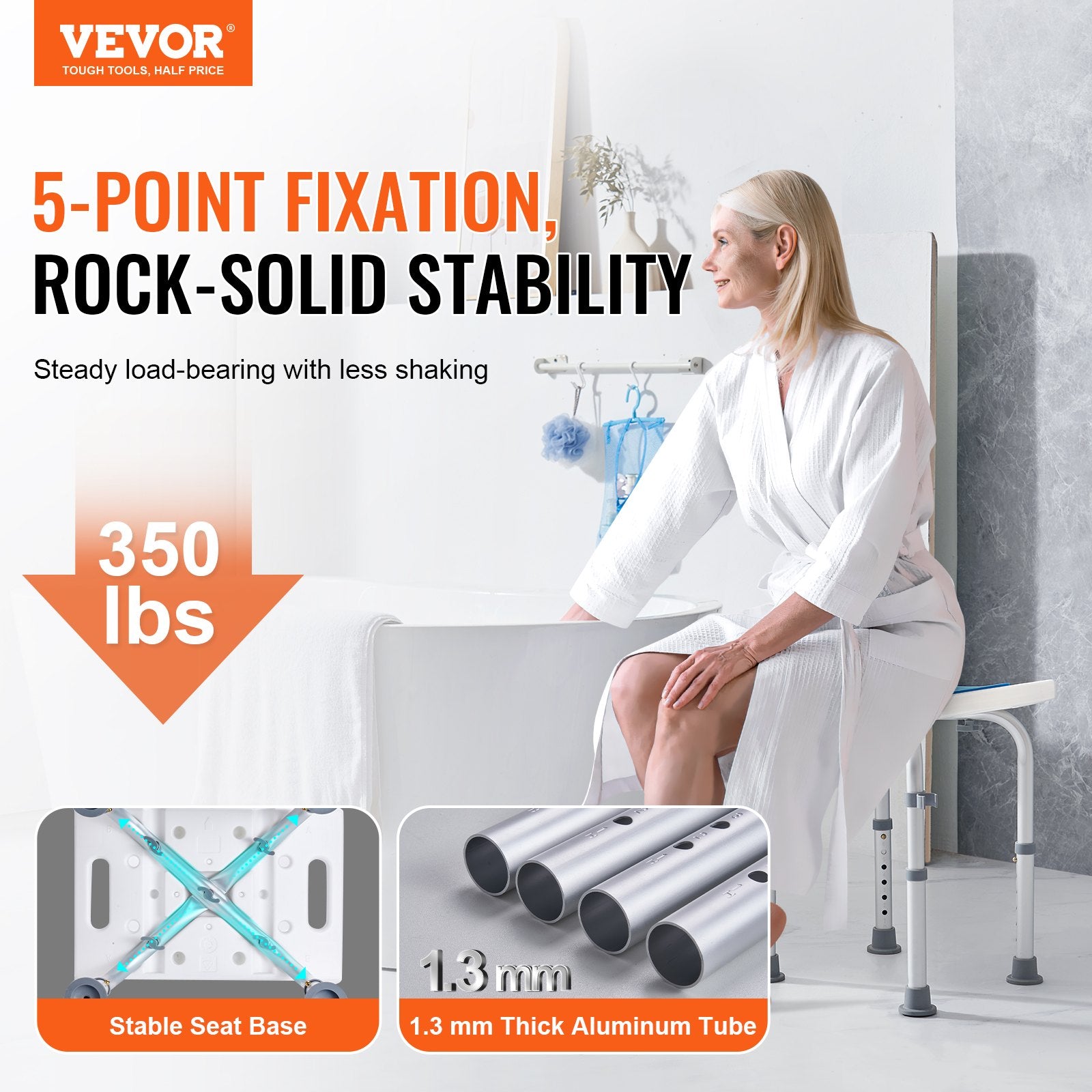 Shower Chair, Adjustable Height Shower Stool, Shower Seat for Inside Shower or Tub, Non-Slip Bench Bathtub Stool Seat for Elderly Disabled Handicap, 158.8 kg Capacity - Image 2