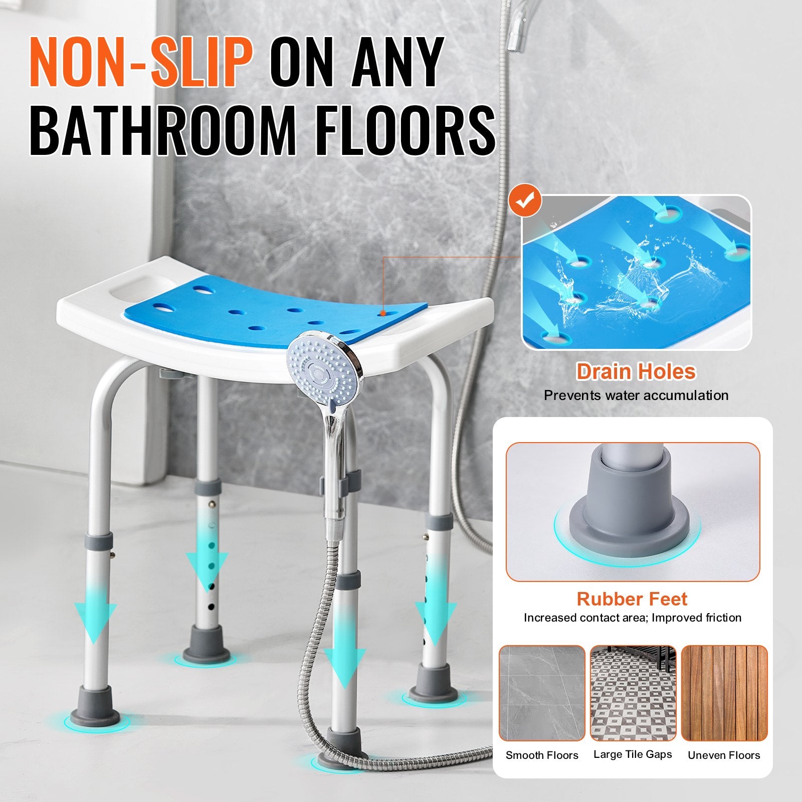 Shower Chair, Adjustable Height Shower Stool, Shower Seat for Inside Shower or Tub, Non-Slip Bench Bathtub Stool Seat for Elderly Disabled Handicap, 158.8 kg Capacity - Image 3